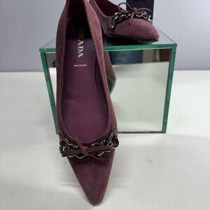 Prada Women’s Pointed Toe Suede Pumps in Plum with Chain Detail